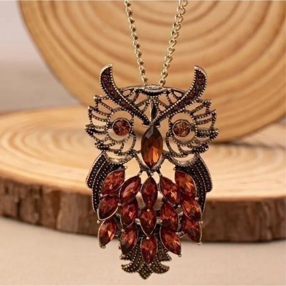 Vintage Style Boho Owl Necklace Long Chain Amber Rhinestone Pendant Jewelry Gift - Picture 3 of 12